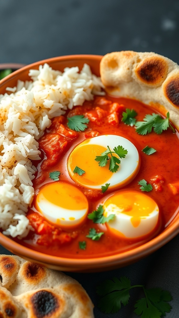 A bowl of spicy egg curry with hard-boiled eggs in tomato sauce, garnished with cilantro, served with rice and naan.